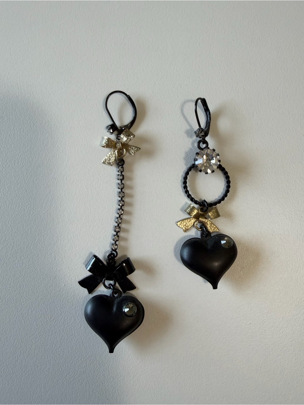 Betsey Johnson Black Heart & Bow Drop Earrings with Gold Accents
